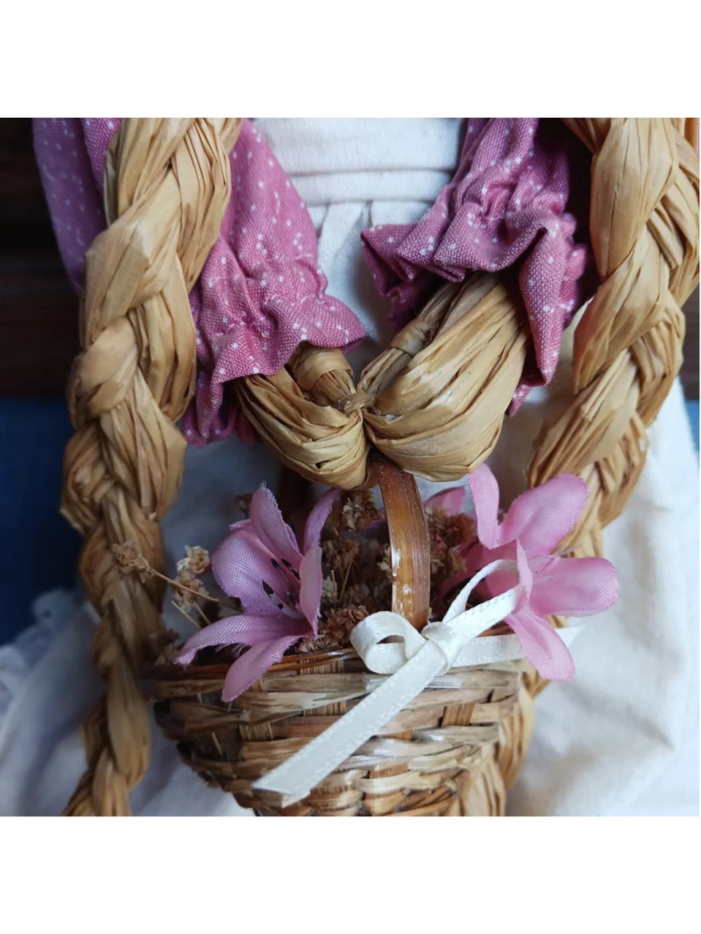 VTG Cottagecore Straw Doll Pink Calico Braids Basket 16